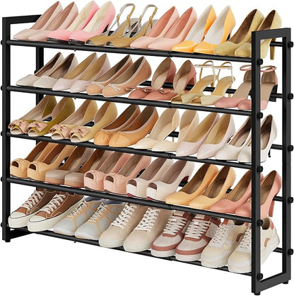 FAVOOSTY 5-Tier Expandable Shoe Rack, Adjustable Shoe Shelf Storage Organizer Space Saving Metal Free Standing Shoe Rack for Entryway Closet Doorway, Silver Grey (Black, 5 Tier)