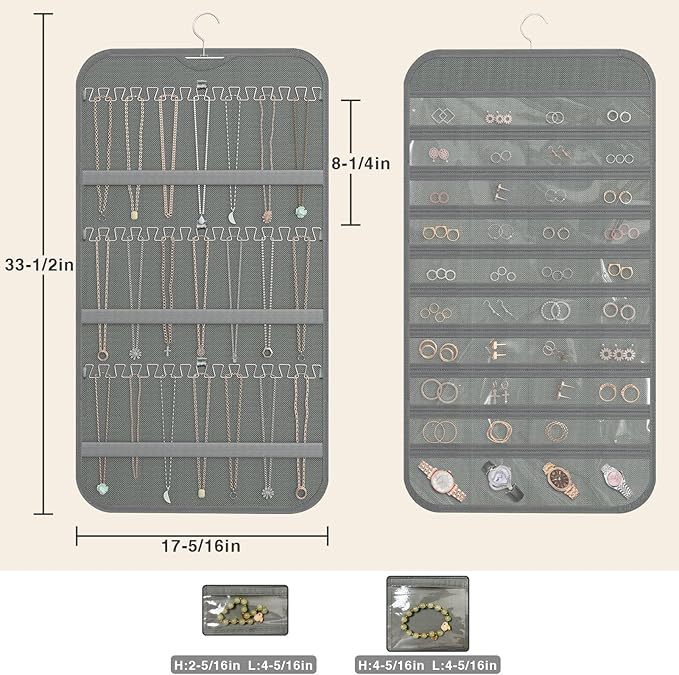 2-Pack Hanging Jewelry Organizer Storage, 40 Pockets 36 Hooks Necklace Earring Necklace Bracelet Ring Organizer, Double - Sided Design, Grey