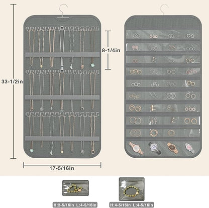 2-Pack Hanging Jewelry Organizer Storage, 40 Pockets 36 Hooks Necklace Earring Necklace Bracelet Ring Organizer, Double - Sided Design, Grey