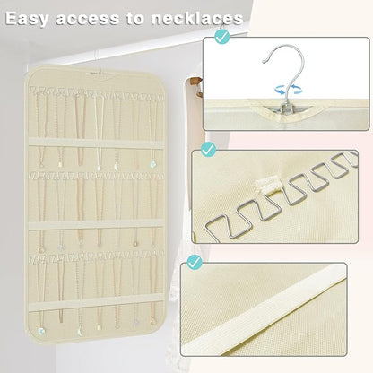 Hanging Jewelry Organizer Storage, 40 Pockets 36 Hooks Necklace Earring Bracelet Ring Organizer, Double - Sided Design, Beige