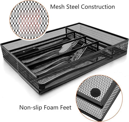 E-far Silverware Drawer Organizer, Mesh Wire Utensil Tray Drawer Organizer for Kitchen, Black Narrow Metal Flatware Cutlery Holder/Divider, 5 Compartment & Small Size - 12.5 x 9.25-Inch