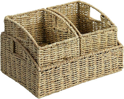 Rattan Storage Baskets, Handwoven Wicker Storage Bins with Built-in Handles, Storage Container Baskets for Shelves, Bedroom, Bathroom, Laundry Room or Kitchen(Green)