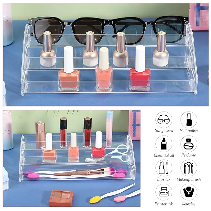 Jetec 2 Pcs Acrylic Card Display Stand Versatile Display for Trading Cards Greeting Card Sunglasses Organizer Nail Polish Holder Essential Oils Cosmetic Cases Eyewear Rack(3 Tiers Style)