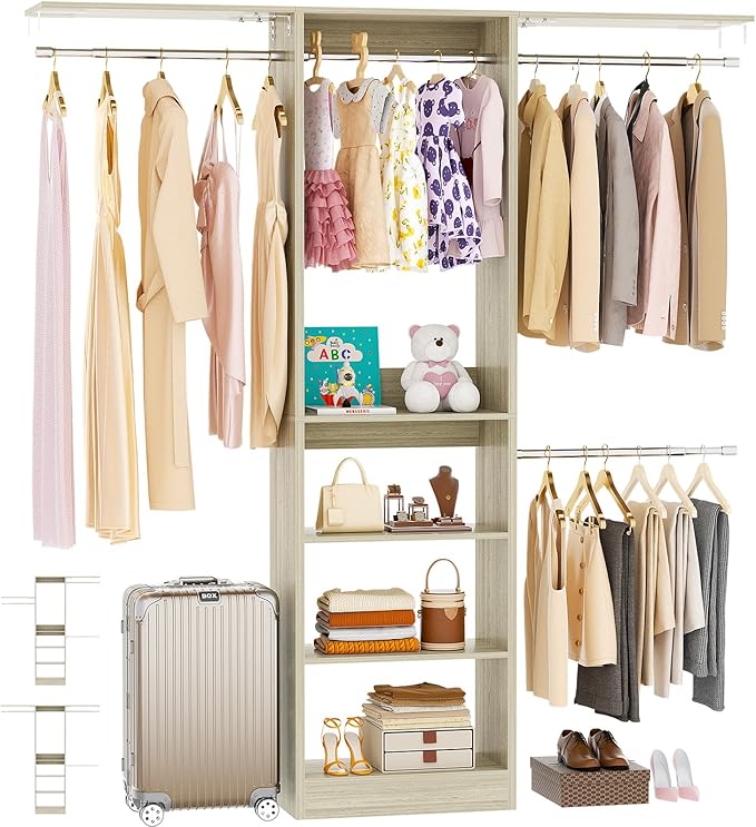 Besiost 48" Closet Organizer System, 4FT Closet System for Small Closets with 4 Hanging Rods & 3 Shelves, 80"H Small Closet Organizers and Storage for Bedrooms, Cloakrooms, White Oak