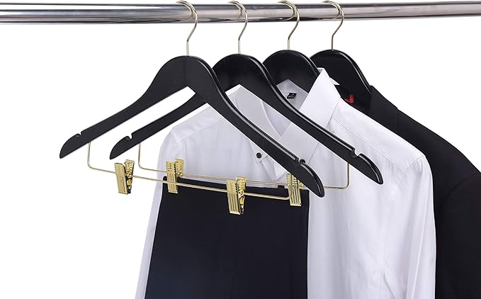 Quality Wooden Skirt Hangers with Clips, 10-Pack Smooth Solid Wood Pants Hangers with Durable Adjustable Metal Clips, Swivel Hook, Coat, Jacket, Blouse Suit Hangers (Black - Gold Hook, 10)