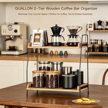 QUALLON Coffee Bar Accessories and Organizer, Coffee Station Organizer 2 Tier Bathroom Counter Organizer, Wood Coffee Tray, Bathroom Vanity Organizer, Countertop Shelf for Kitchen, Coffee Lover