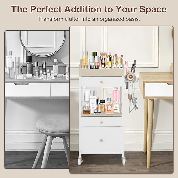 Makeup Organizer Cart with 3 Drawers, Large Cosmetic Organizer with Detachable Hair Tool Holder, Makeup Cabinet Cosmetic Display Cases for Skin Care Perfume Nail Polish, White & Natural