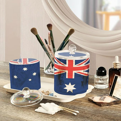 DOMIKING Australia Flag 2 Pack Bathroom Canisters Cotton Swab Holder Dispenser Plastic Cotton Ball Jar Acrylic Storage Containers for Cotton Swab Cotton Round Pads Cotton Ball