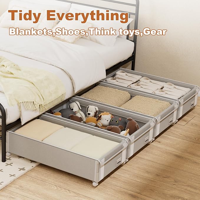 Fokyfok 2Pack Under Bed Storage with Wheels,6.7"-9" Adjustable Height Underbed Storage,Under Bed Storage Containers,Rolling Under Bed Clothes Storage,Metal Under Bed Drawers for Shoes,Blankets,Toys