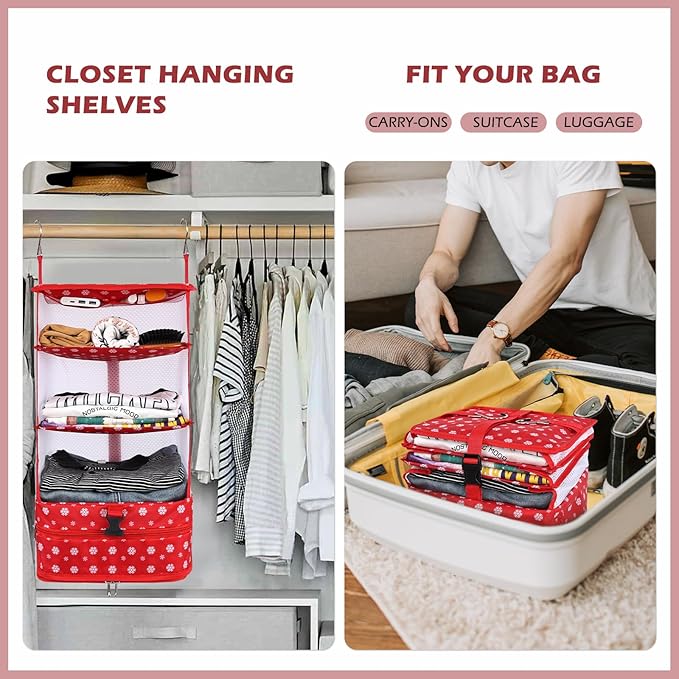 Surblue Hanging Closet Storage Bag Collapsible 3-Shelf Washable Oxford Fabric with 2 Hooks (L 11.41 * 11.41 * 19.68in, Snow)