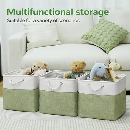 13 x 13 Inch Cube Storage Bins, 6 Pack Fabric Storage Basket with Handles, Foldable Boxes Organizer for Shelf Baskets for Home, Clothes (White/Green)