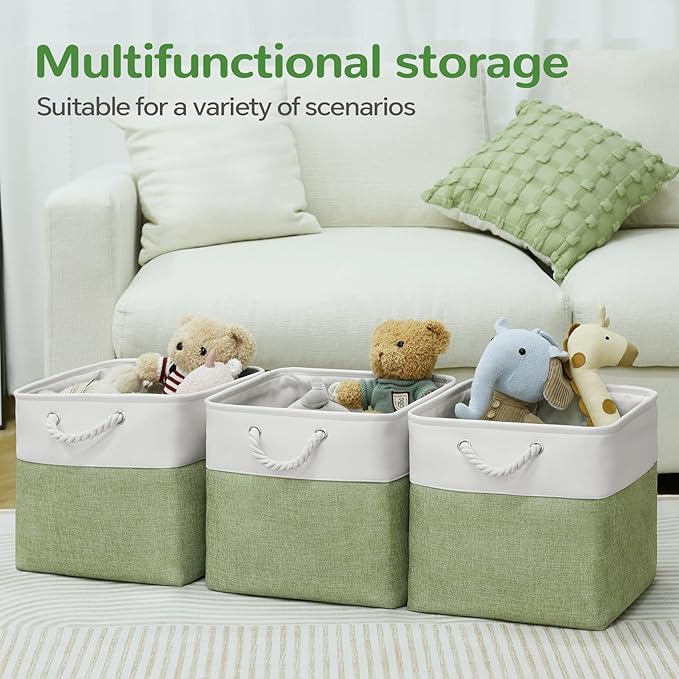 12 x 12 Inch Cube Storage Bins, 4 Pack Fabric Storage Basket with Handles, Foldable Boxes Organizer for Shelf Baskets for Home, Clothes (White/Green)