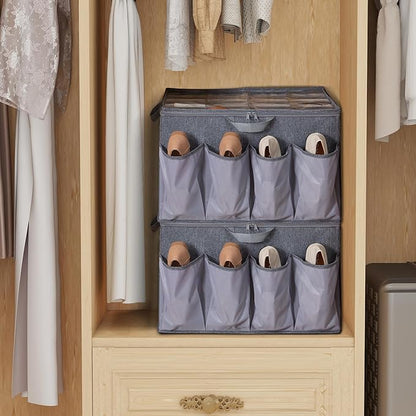 Shoe Organizer for Closet, Fits up to 24 Pairs, Fabric Shoe Box Storage Containers with Adjustable Dividers and Clear Cover, Grey, 2 Pack