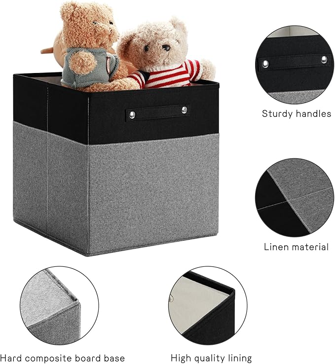 FinishingBo 13 x 13 Inch Fine Linen Storage Bins with Handles，Fabric Cube Boxs，Basket Organizers for Shelves for Home, Closet Drawers (Black/Gray-6 Pack)