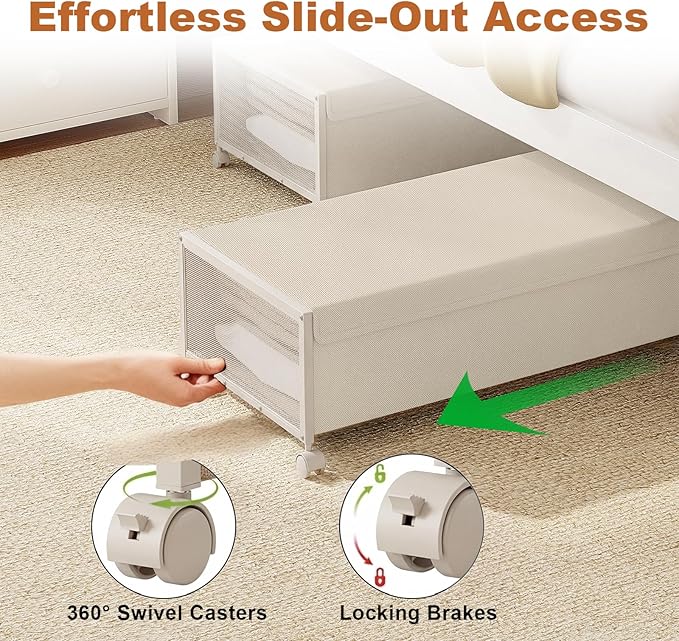 2 Pack Under the Bed Storage Containers,10 inch Height Under Bed Shoe Storage,31inch Long Underbed Storage with Wheels,Large Rolling under bed Clothes Storage Drawers with Lid for Dorm Tall ,Ivory