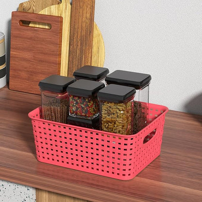 Mixed Color Rectangle Organizer Basket, Plastic Woven Storage Shelf Baskets, 6 Packs