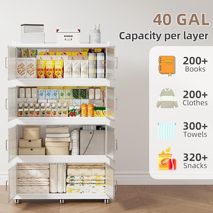 SAILUN 200Gal Extra Large Stackable Storage Bins with a Lid, Collapsible Storage Bins With Doors and Wheels, Foldable Storage Cabinet for Garage Closet Organization, White, 4Pack