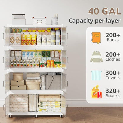 SAILUN 200Gal Extra Large Stackable Storage Bins with a Lid, Collapsible Storage Bins With Doors and Wheels, Foldable Storage Cabinet for Garage Closet Organization, White, 4Pack
