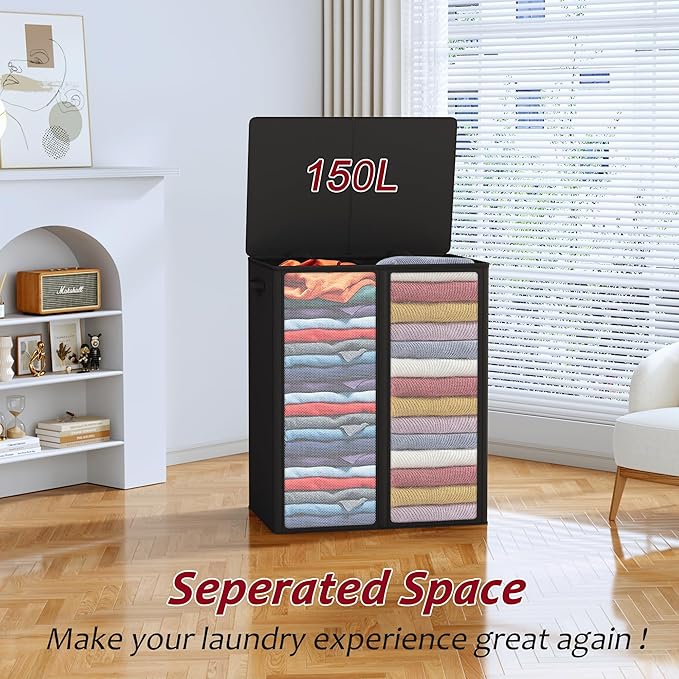 150L Laundry Hamper 2 Section, Large Laundry Hamper with Lid, Dirty Clothes Hamper with 2 Removable Inner Bags, Collapsible Laundry Basket Organizer for for Clothes Toys Towels, Hamper 2 Compartment