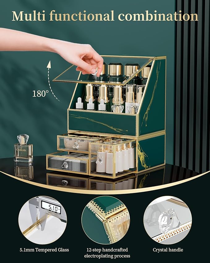 CoralHouse Makeup Organizer Countertop,Green Makeup Organizer with Drawer, Skincare Holder for Bathroom Countertop,Cosmetic Display Case for Dresser.