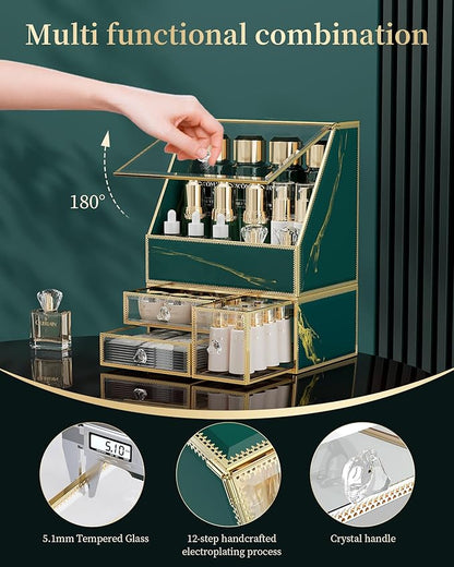 CoralHouse Makeup Organizer Countertop,Green Makeup Organizer with Drawer, Skincare Holder for Bathroom Countertop,Cosmetic Display Case for Dresser.