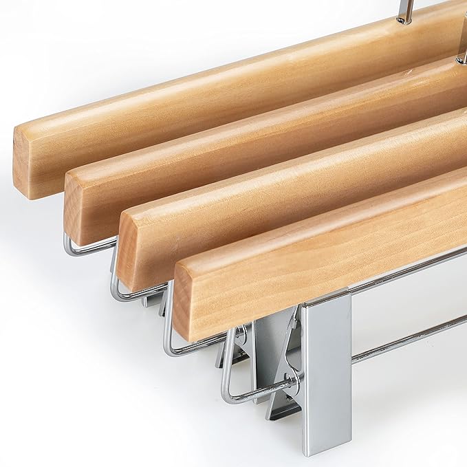 TOPIA HANGER Pants Hangers, Luxury Natural Wooden Skirts Hangers with 2 Big Premium Metal Clips and 360° Swivel Anti-Rust Flat Hook, 20 Pack Boutique Hanger for Skirts, Trousers, Jeans, Slacks, CT03N