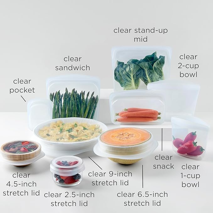 Stasher Silicone Reusable Storage Bags & Stretch Lids, 10-Pack Starter Kit, Reusable Freezer Bags, Microwave, Dishwasher, Oven Safe, Sous Vide, Lunch Containers, Eco Friendly, Food Storage Bags, Clear | Reusable Food Bags