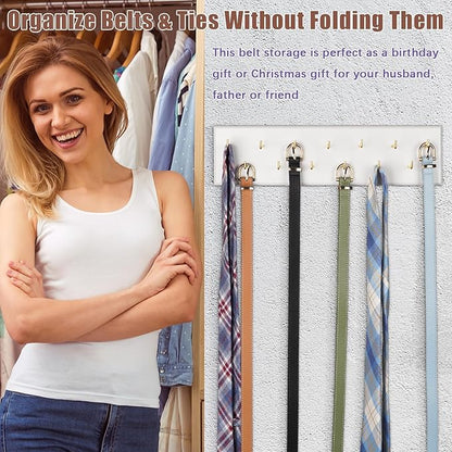 Belt Hanger Wall Mount Belt Organizer for Closet, Holds Over 28 Belts Wooden Wall Mounted Belt Rack Storage Tie and Scarf Hanger for Closet, Wall, Door (White)