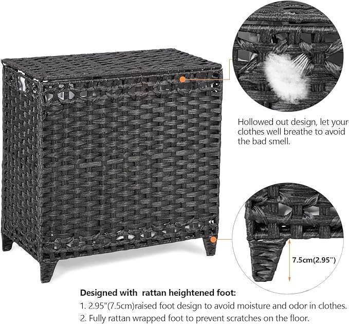 Laundry Hamper with 3 Removable Liner Bags; 132L Handwoven Rattan Laundry Basket with Lid & Heightened Feet; Clothes Hamper with Side Handles; Laundry Sorter with 3 Separate Sections