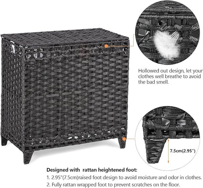 Laundry Hamper with 3 Removable Liner Bags; 132L Handwoven Rattan Laundry Basket with Lid & Heightened Feet; Clothes Hamper with Side Handles; Laundry Sorter with 3 Separate Sections