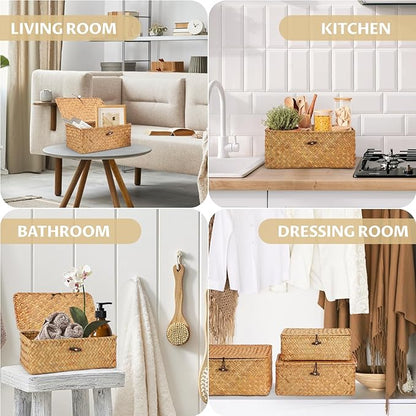 3Pcs Wicker Storage Baskets with Lid, Handwoven Seagrass Basket Bins Decorative Storage Rectangular Boxes for Shelves Desktop Home Organizer