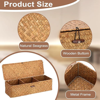 Hipiwe Handwoven Wicker Basket Box Rectangular Wardrobe Home Organizer with Lid 3 Sections Toilet Paper Holder Home Organizer for Tissue Snacks, Caramel