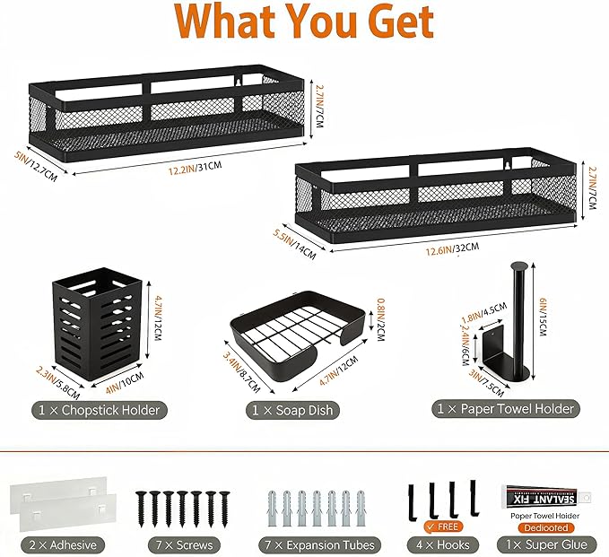 PUSDON 5-in-1 Wide Wall Mount Wrapped Mesh Kitchen Organizer & Shower Caddy Kit, with Paper Towel Holder, Utensil Holder, Soap Dish, Heavy Duty 50LBS - Matte Black, Netting