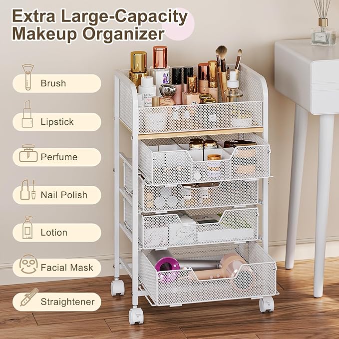 Hongtamoya Makeup Cart Organizer with 4 Drawers, Large Floor Skincare Organizers, Vanity Storage Organizer Cosmetics Display Cases for Skin Care Perfume Nail Polish, White