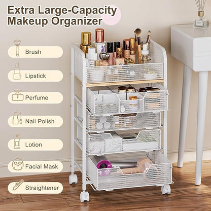 Hongtamoya Makeup Cart Organizer with 4 Drawers, Large Floor Skincare Organizers, Vanity Storage Organizer Cosmetics Display Cases for Skin Care Perfume Nail Polish, White