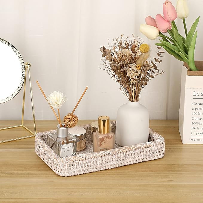 Sumnacon 10 Inch Rattan Bathroom Vanity Tray - Decorative Wicker Toilet Tank Tray for Paper Hand Towel, Vintage Storage Basket Bin for Bathroom Kitchen Toilet Tank Vanity Countertop Table Shelf White