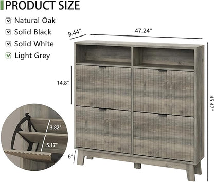 Xixini Shoe Cabinet with 4 Flip Drawers, 46" Tall Narrow Fluted Shoe Storage Organizer for Entryway, Hidden Slim Wooden Shoe Rack Cabinet for Front Door Entrance, Hallway, Living Room, Light Grey