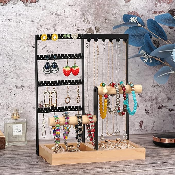 Jewelry Organizer Stand 4-Tier Hanging Jewelry Organizer Holder Display Stands for Earrings Necklaces Bracelets Rings Watches (4-Tier Burlywood)…