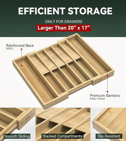 Expandable Silverware Organizer, Utensil Drawer Organizer & Cutlery Tray Dividers for Spoons Forks Knives (12 Slot,Natural Bamboo), 16.7”D x 13"-20”W x 1.97 “H