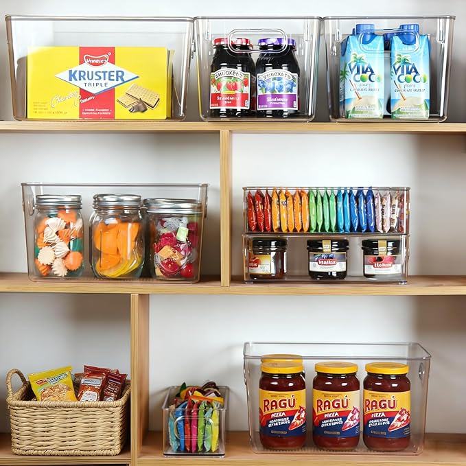 Hudgan Set of 8 Clear Plastic Storage Bins 4 Large and 4 Small Stackable Storage Containers for Pantry Organizers and Kitchen Storage, Cabinet, Freezer, Under Sink Organization