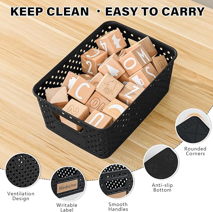 12 Pack Plastic Storage Baskets for Organizing, Storage Baskets for Shelves with Handles, Small Storage Bins with Labels, Organizer Baskets for Cabinet,Closet, Office,Black