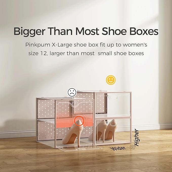 Pinkpum 15 Pack X-Large Shoe Storage Boxes, Shoe Organizer for Closet Clear Plastic Stackable Shoe Dispaly Case Bins Holder, Sneaker Storage for Sneakerheads Pink