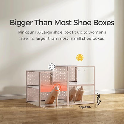 Pinkpum 15 Pack X-Large Shoe Storage Boxes, Shoe Organizer for Closet Clear Plastic Stackable Shoe Dispaly Case Bins Holder, Sneaker Storage for Sneakerheads Pink