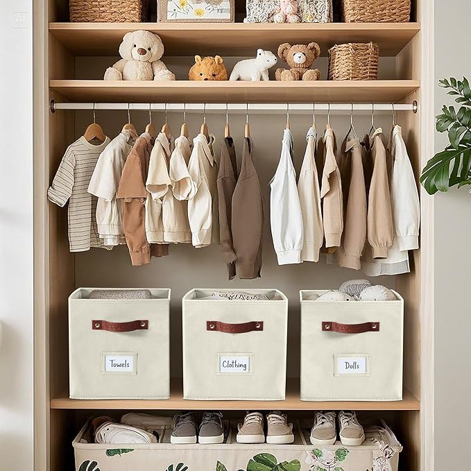 DECOMOMO Storage Bins, Cube Storage Bin with Labels, Fabric Storage Cubes for Shelves (10.5" x 11" / 2pcs, Beige)