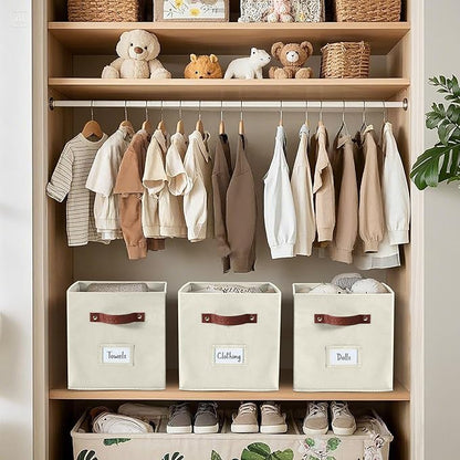 DECOMOMO Storage Bins, Cube Storage Bin with Labels, Fabric Storage Cubes for Shelves (10.5" x 11" / 2pcs, Beige)