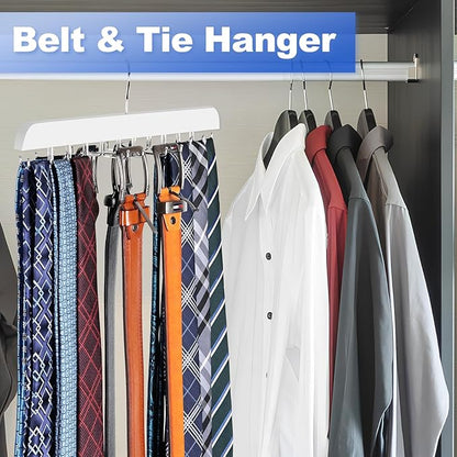 RESOVO Upgraded Tie Rack Hanger with 20 Foldable Metal Hooks, Space Saving Necktie Organizer for Men – Large Capacity Tie and Belt Wooden Hanger for Closet - White