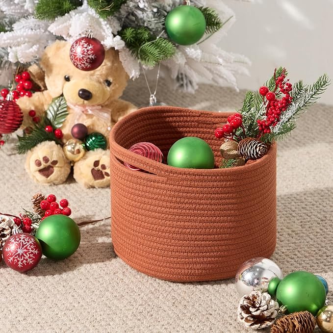 MiniArk Small Basket for Organizing | Cube Shelf Closet Storage Baskets | 9.7×9.7×7.1” | Woven Rope Gift Basket | Nursery | Round 3 Packs Oxide Red