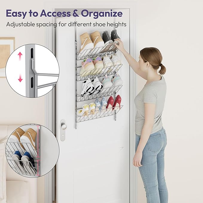 SWTYMIKI Over the Door Shoe Organizer - Adjustable 4 Tier Hanging Shoe Rack Organizer, Metal Heavy Duty Behind Door Storage or Wall Mount Shoes Shelf for Flats, Heels, Sneakers, Boots Sliver