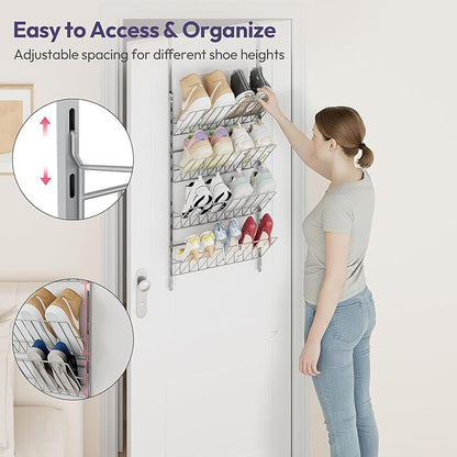 SWTYMIKI Over the Door Shoe Organizer - Adjustable 4 Tier Hanging Shoe Rack Organizer, Metal Heavy Duty Behind Door Storage or Wall Mount Shoes Shelf for Flats, Heels, Sneakers, Boots Sliver