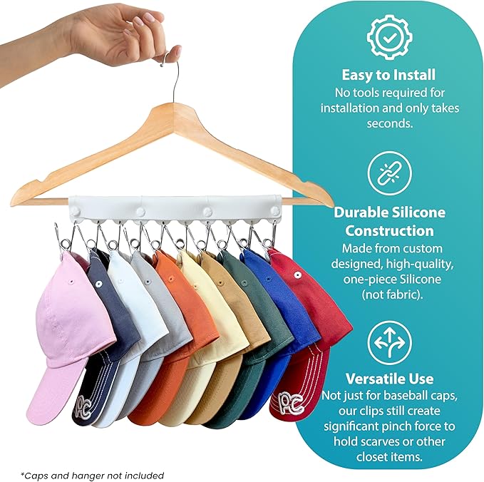 Perfect Curve Baseball Cap Hanger - Store 10 Caps with Button Clips, Silicone & Metal Construction, White, 1-Pack